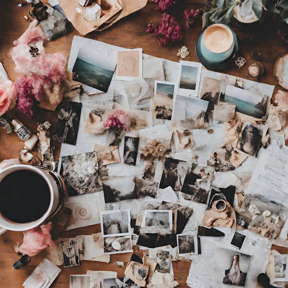 L'image présente un tableau de visualisation sur une table. Des photos et images s'entremêlent.